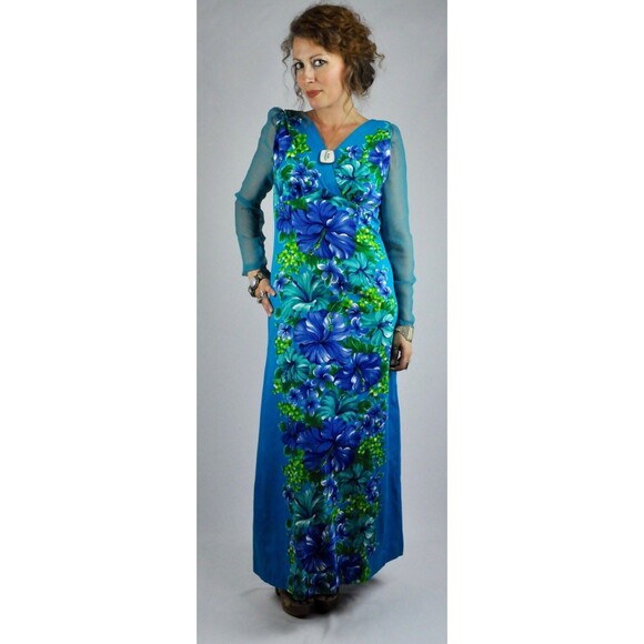 HAWAIIAN Maxi Dress Plunging LOW V Back & Long Sheer Sleeves Psychedelic Floral - Picture 4 of 5